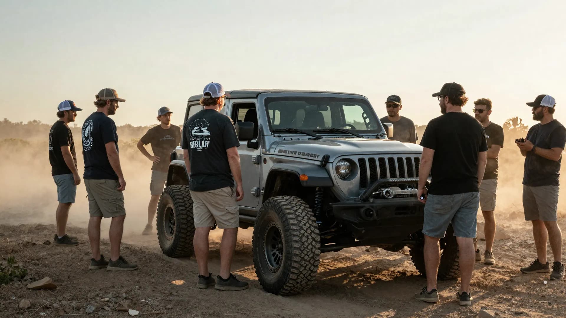 Group of off-road enthusiasts gathered around a parked lifted Jeep at a trail meetup at golden hour