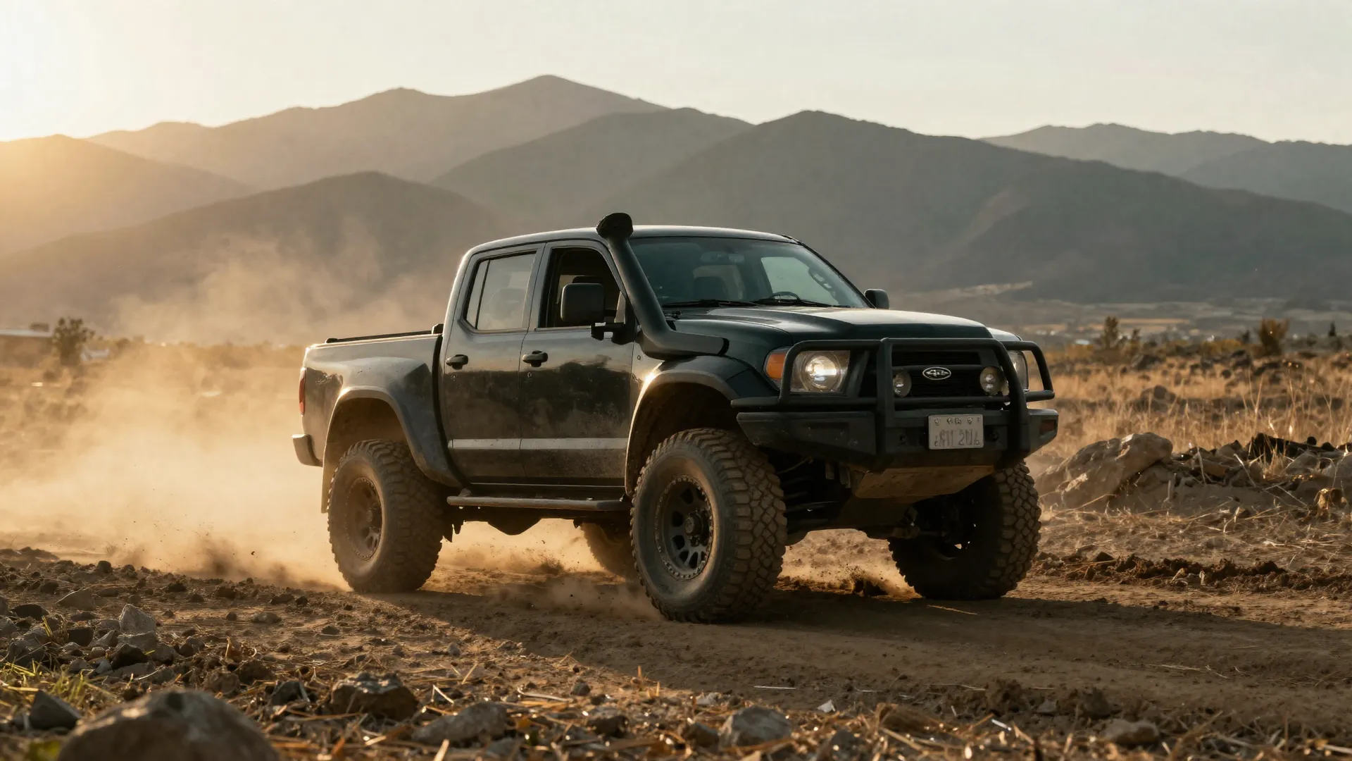 Black lifted off-road truck mid-trail kicking up mud and dust at golden hour with mountains in the distance