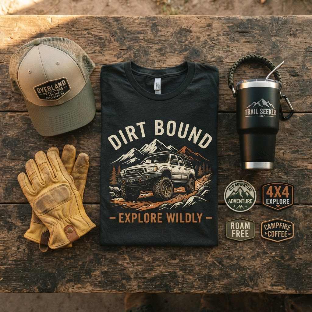 Flat-lay of Mudslingers apparel, headwear, and gear on a weathered wood surface