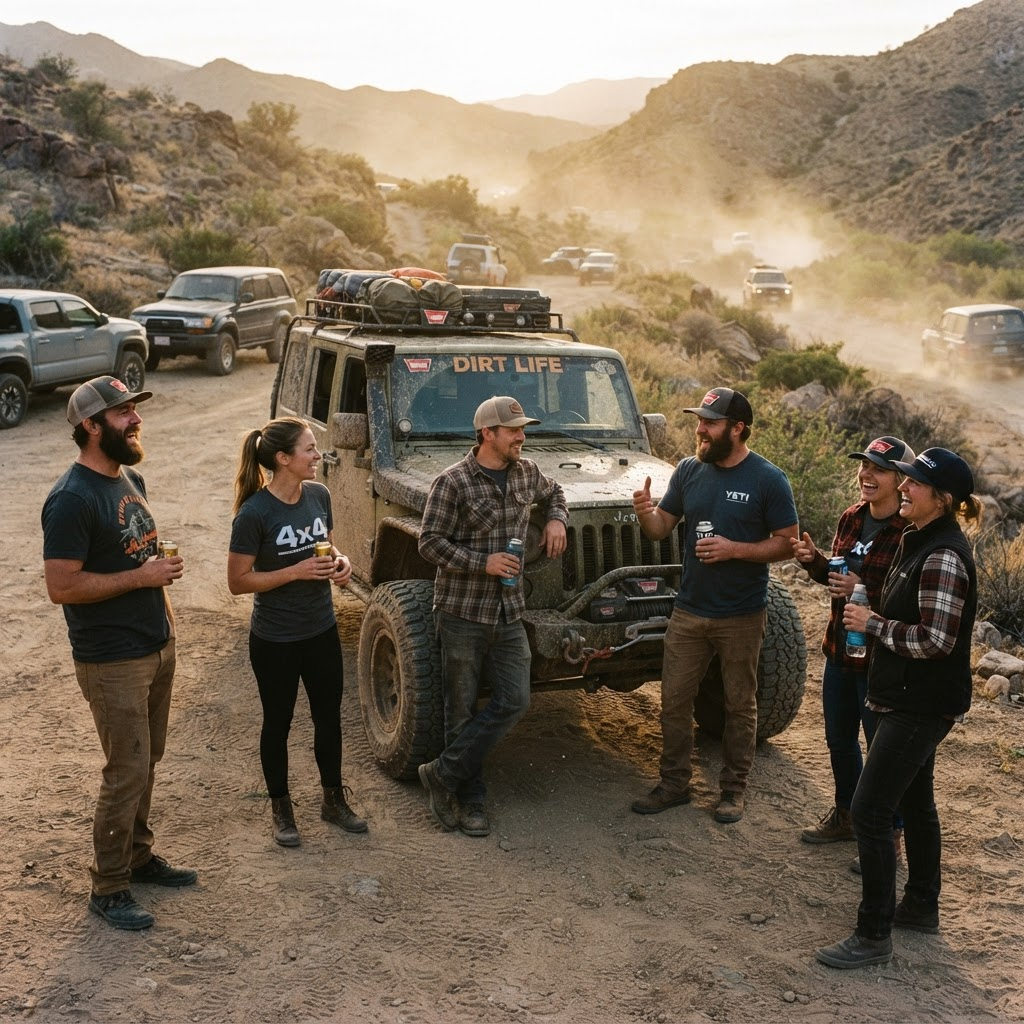 A group of off-road enthusiasts gathered around a lifted Jeep at a golden-hour trail meetup