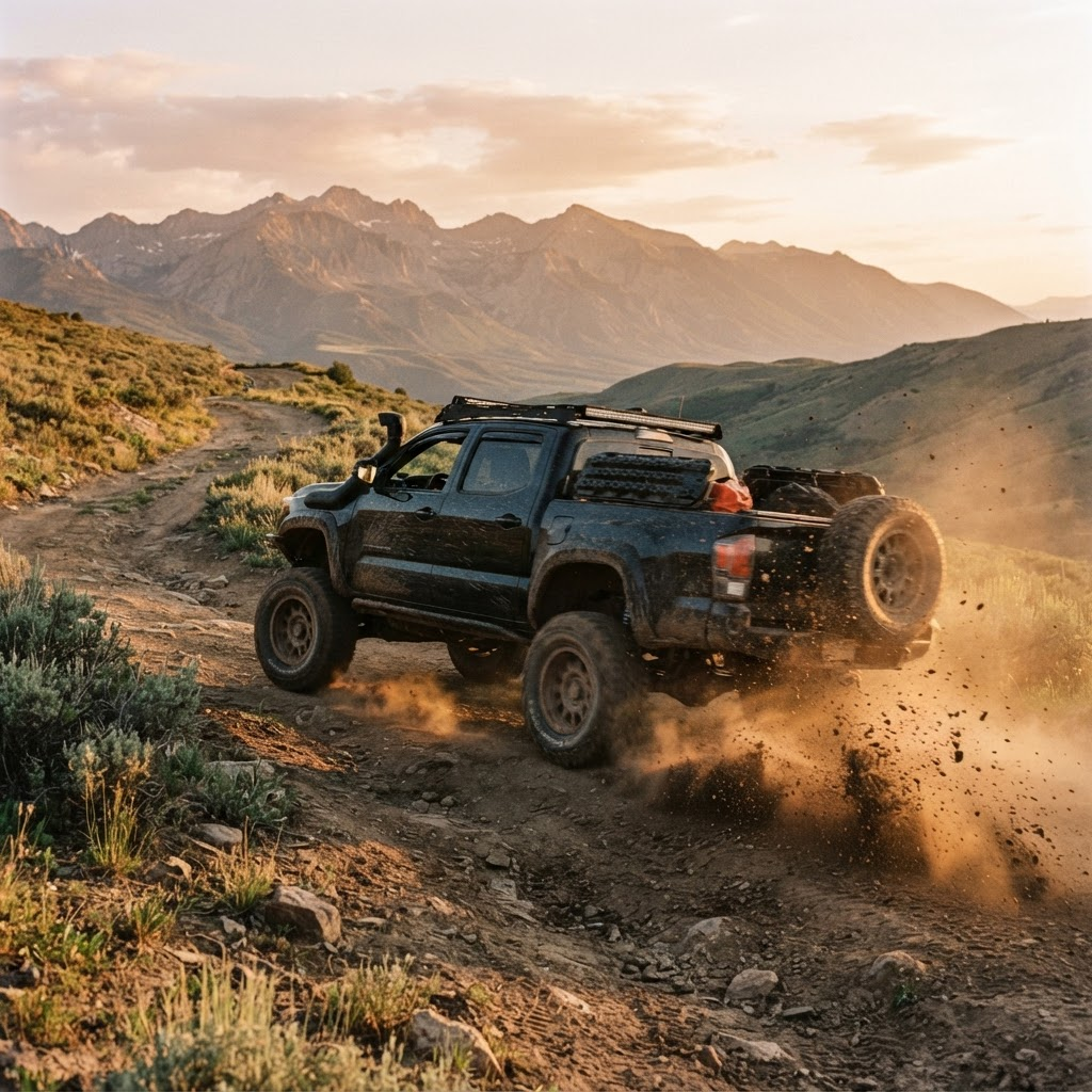 A black lifted off-road truck kicking up mud and dust on a mountain trail at golden hour