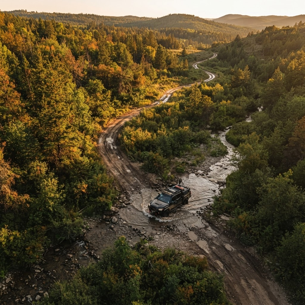 Aerial view of an off-road truck crossing a creek on a forested trail